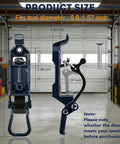 Heavy Duty Metal Shovel Mount For Roof Rack And Truck Bed, Axe Shovel Holder dimensions shown in garage setting