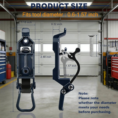 Heavy Duty Metal Shovel Mount For Roof Rack And Truck Bed, Axe Shovel Holder dimensions shown in garage setting