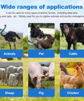 Pro Grade High Voltage Fence Tester For Farms, 12 KV Max, Portable Fault Finder With 8 Neon Indicator Lights, Electric Fence Testing Tool For Energizers, Grounds And Fence Components, Quick Readouts For Safe Accurate Fence Status. Poster showing animals, pet, cattle, sheep, pig, chicken