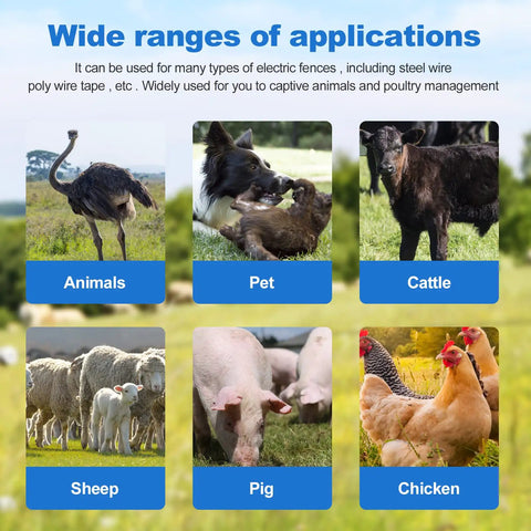 Pro Grade High Voltage Fence Tester For Farms, 12 KV Max, Portable Fault Finder With 8 Neon Indicator Lights, Electric Fence Testing Tool For Energizers, Grounds And Fence Components, Quick Readouts For Safe Accurate Fence Status. Poster showing animals, pet, cattle, sheep, pig, chicken
