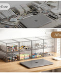 Eight Pack Clear Stackable Storage Drawers Hella Durable Water Resistant Desktop Organizer for Cosmetics and Craft Gear Helping You Keep Your Space Totally Snazzy, organized craft supplies.