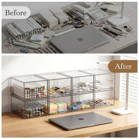 Eight Pack Clear Stackable Storage Drawers Hella Durable Water Resistant Desktop Organizer for Cosmetics and Craft Gear Helping You Keep Your Space Totally Snazzy, organized craft supplies.