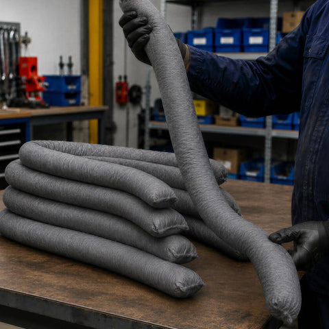 Heavy Duty Universal Absorbent Socks 12 Plus Pack Spill Containment Tubes Industrial Grade, gray tubes stacked on workbench.