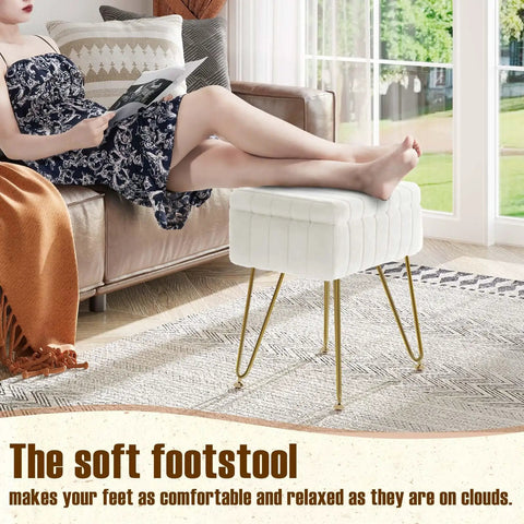 Faux Fur Vanity Stool With Hidden Storage Soft Padded Seat On Four Metal Legs With Anti Slip Feet by sofa