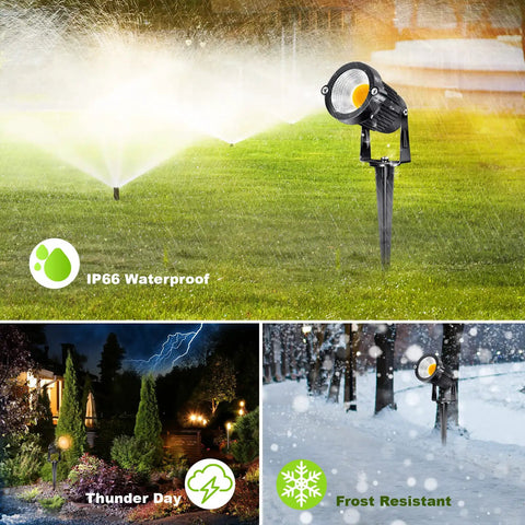 8 Pack Cool 5W Low Voltage Outdoor Landscape Lights 12V AC DC Waterproof COB LEDs 3000K Warm White Garden Pathway And Yard Lighting With Connectors Bright 500LM For Trees Walkways And Borders showcasing waterproof and frost-resistant features.