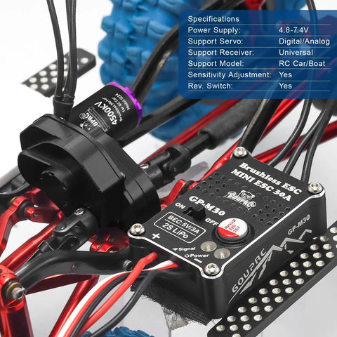 Close-up of 4500KV Brushless Outrunner Motor with Transmission and 30A ESC upgrade for SCX24 RC Crawler Axial buggy truck.