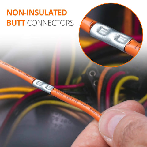 Close-up of Non-Insulated Butt Connectors Kit 100 Pcs For 24-8 AWG Cu Wire Splice in use with orange wire