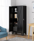 Front view of 61 Inch Tall Farmhouse Metal Pantry Cabinet With Two Barn Doors And Adjustable Shelves in a living room setting
