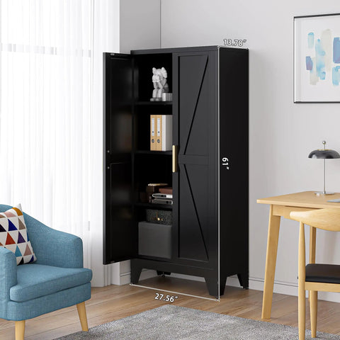 Front view of 61 Inch Tall Farmhouse Metal Pantry Cabinet With Two Barn Doors And Adjustable Shelves in a living room setting