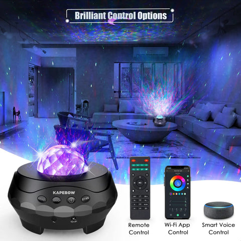 Galaxy Star Projector Light With White Noise Bluetooth Speaker, Alexa And Smart App Control casting stars in living room