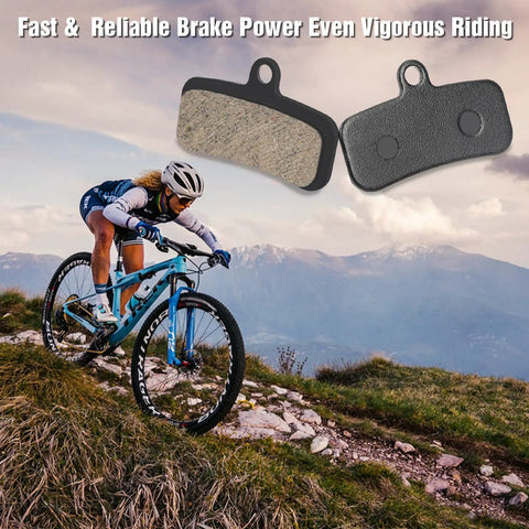 Four Piston Disc Brake Pads Set With Included Installation Tools For Shimano MT420 MT520 M6120 M7120 M8020 M8120 And Tektro TRP Mountain Bike Disc Brakes shown with mountain biker on rough terrain