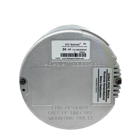 Remanufactured Blower Motor Ecm X13 3/4 Hp with label showcasing specifications for HVAC systems.
