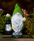 Angry Dude Gnome with Solar Lights, white flocked figurine holding lantern in garden, large funny statue for outdoors, patio, lawn