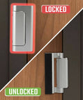 Triple Pack Door Reinforcement Lock For Home Security With Childproof Safety Heavy Duty Aluminum Frame Lock For Inward Swinging Doors Easy Install With Strong Screws Prevent Unauthorized Entry Silver Finish shown in locked and unlocked positions