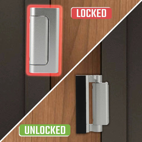 2 Pack Home Security Door Reinforcement Lock Childproof Aluminum Frame Lock Heavy Duty 800 Lbs Rated Easy Install Prevent Unauthorized Entry Silver Finish Keeps Kids Safe and Intruders Out in locked and unlocked states on wooden door.