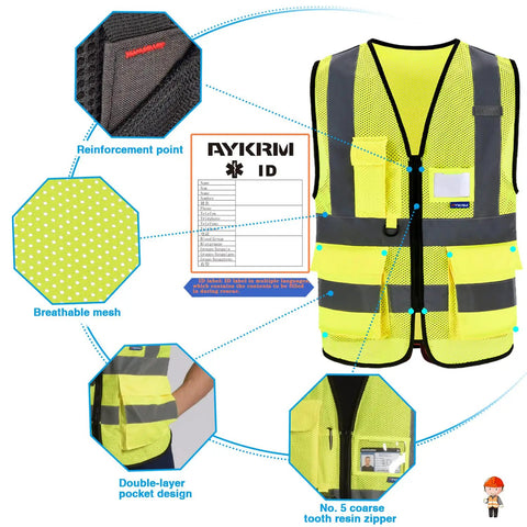 High Visibility Mesh Safety Vest With Pockets And Zipper, Reflective Hi Vis Vest For Running, Biking, Construction Sites, Yellow Mesh