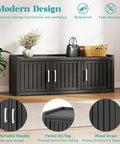 Front view of Go-To Weatherproof Resin Shoe Storage Cabinet With Adjustable Shelves And Bench, UV Resistant 3 Barn Doors Entryway Organizer for indoor use, in a modern living room setting.