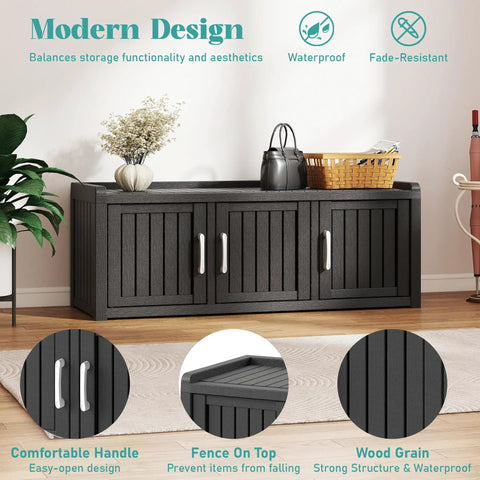 Front view of Go-To Weatherproof Resin Shoe Storage Cabinet With Adjustable Shelves And Bench, UV Resistant 3 Barn Doors Entryway Organizer for indoor use, in a modern living room setting.