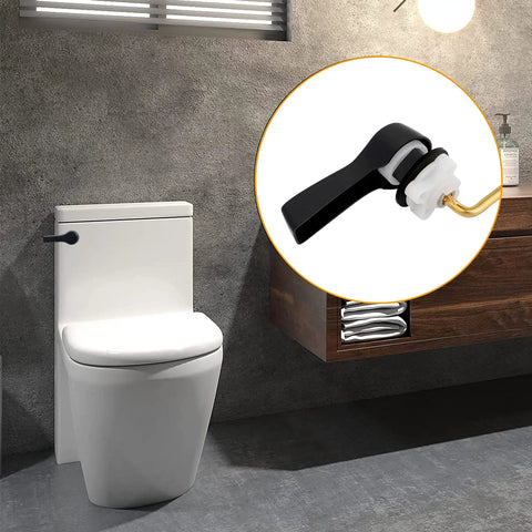 Universal Metal Front Mount Toilet Handle Kit In Matte Black With Brass Flush Lever installed on modern bathroom toilet