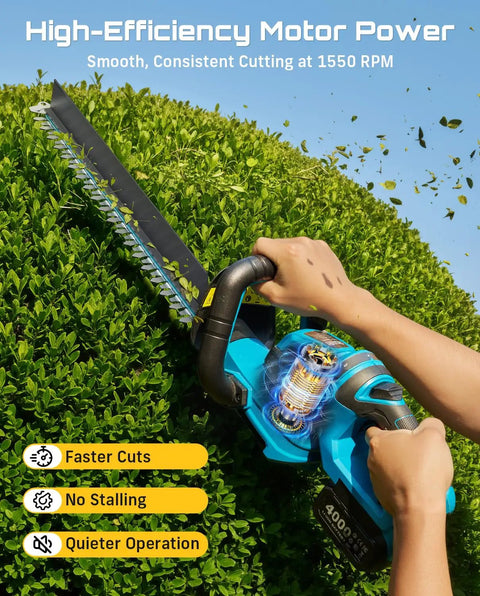 Person using 22 Inch Cordless Hedge Trimmer With Dual Action Blade And 20V Power, 180 Degree Rotating Handle on shrub