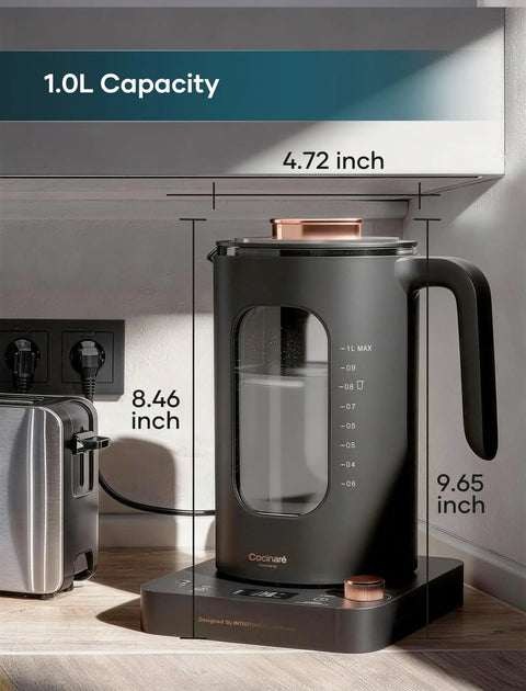 Front view of Electric Tea Kettle With Tea Infuser, One Degree Fahrenheit Precision, 1200W Rapid Heating, BPA Free Glass, 1 Liter Capacity, No Fuss Clean Up, Dark Gray Finish.
