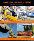 Collage showing pressing machine, injection molding machine, marine crane, and agricultural harvester for diverse industrial use