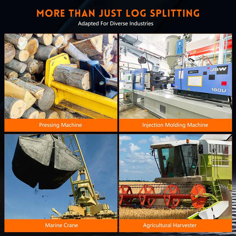 Collage showing pressing machine, injection molding machine, marine crane, and agricultural harvester for diverse industrial use