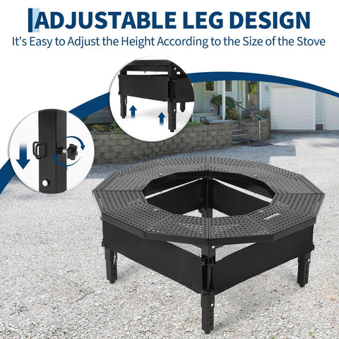Fire Pit Table Surround With 360 Degree Safety Barrier Built Tough In Heavy Duty Steel, adjustable legs, outdoor patio use.