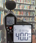 SoniChek PRO Professional Decibel Meter For Accurate AC Weighted Sound Readouts, 30 To 130 dB Range, 31.5 Hz To 8 kHz Frequency, IEC651 Type 2 ANSI S1.4 Type 2 Compliance, Fast And Slow Responses, Analog Output, Bar Graph, Max Hold. decibel meter in library, digital display showing 40.0 dBA