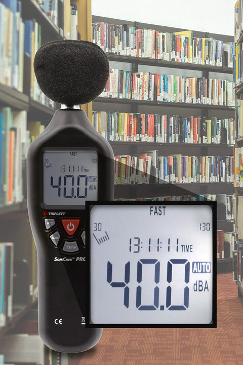 SoniChek PRO Professional Decibel Meter For Accurate AC Weighted Sound Readouts, 30 To 130 dB Range, 31.5 Hz To 8 kHz Frequency, IEC651 Type 2 ANSI S1.4 Type 2 Compliance, Fast And Slow Responses, Analog Output, Bar Graph, Max Hold. decibel meter in library, digital display showing 40.0 dBA