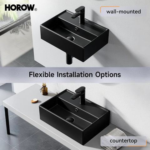Bathroom Wash Basin(45 * 31 * 13cm) - Countertop/Wall-Mounted Recular Sink (Black) with faucet, mounted and countertop setup.