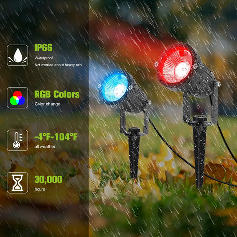 Halloween RGB Spotlight Kit With Transformer Low Voltage Outdoor Uplights featuring red and blue lights in rainy garden setting