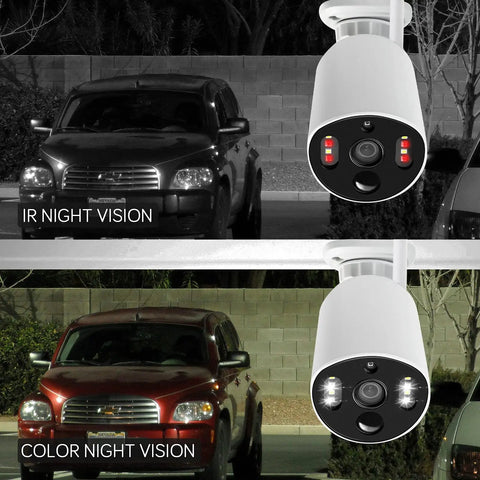 Thermal Detect Wireless Home Security Camera Two Pack, showcasing IR and color night vision with parked car.
