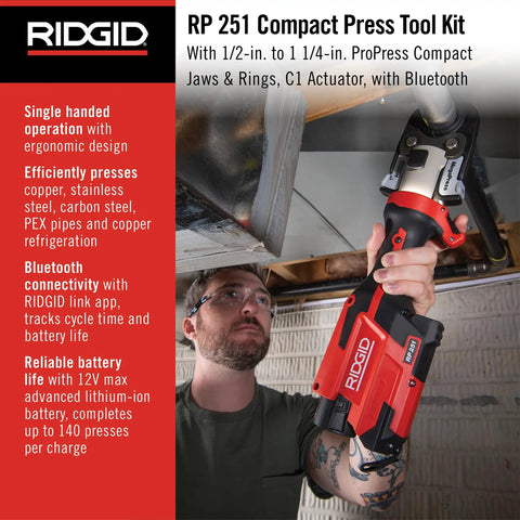 Compact Press Tool Battery Kit With ProPress Rings And Jaws For Half Inch To One And One Quarter Inch Copper Stainless Steel PEX And Carbon Steel C1 Actuator In Line One Handed Press Tool Ergonomic In Line Design For Easy One Handed Use in action on pipe