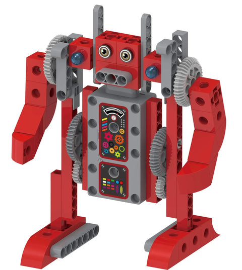 Red and gray robot model from Hands On Robot Factory STEM Kit For Kids Ages Five And Up Build Eight Motorized Robots With A Storybook Guide