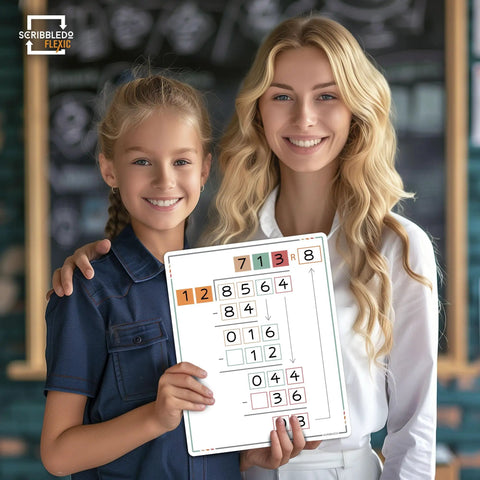 Teacher and student holding Long Division Practice Dope Dry Erase Sheets 11x14 Reusable Math Manipulatives in classroom