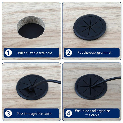 Steps showing installation of 10 Pack Desk Grommets 2 Inch Hole Covers For Wires Black Cable Grommets For Tables Desks Countertops