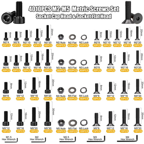 4005 Piece Metric Screw Assortment Kit With M2 M3 M4 M5 Hex Socket Cap Head And Flat Head Screws, Nuts, Washers, And Wrench