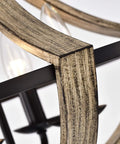Close-up of matte black metal open cage 4 light semi flush mount with dope wood grain finish in brown indoor ceiling light fixture