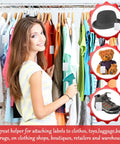 Big Batch Clothing Price Tag Kit With Garment Label Applicator Parts Ink Rollers Plastic Barbs And Paper Tags For Retail Store Tagging And Boutique Setup No Sweat with a woman applying price tags to clothes.