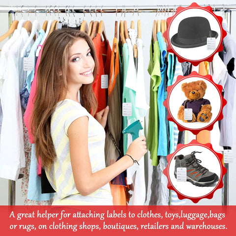 Super Durable 1121 Piece Retail Price Tag Gun Haul With Snappy Label Attacher Tool For Clothing And Garment Merch in use on clothes.