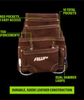 Pro Grade 10 Pocket Tool Pouch for Electricians and Contractors, 1680D polyester with carabiner, suede leather front view