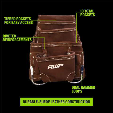 Pro Grade 10 Pocket Tool Pouch for Electricians and Contractors, 1680D polyester with carabiner, suede leather front view