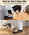 2.4 Gallon Stainless Steel Gravity Dog Water Dispenser With Ergonomic Handle Anti Splash Drinking Bowl in use by pets