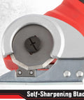 Close-up of self-sharpening blade on Stalwart Cordless Electric Scissors In Vibrant Red, ideal for cutting various materials.