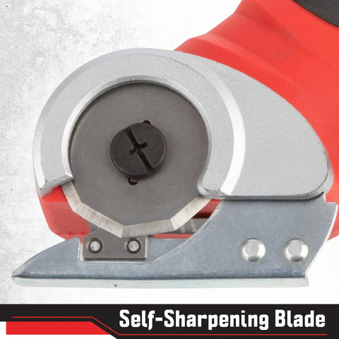 Close-up of self-sharpening blade on Stalwart Cordless Electric Scissors In Vibrant Red, ideal for cutting various materials.