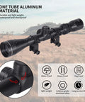 Rifle Scope 3-9x40 SFP With R4 Crosshair Reticle And Ring Mounts shown in aluminum material, suitable for air guns, waterproof and shockproof features displayed.