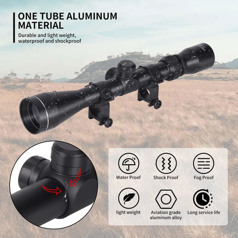 Rifle Scope 3-9x40 SFP With R4 Crosshair Reticle And Ring Mounts shown in aluminum material, suitable for air guns, waterproof and shockproof features displayed.