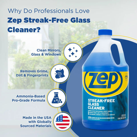 Zep Streak-Free Glass Cleaner with Ammonia-Based Formula for Spotless Windows and Mirrors, 1 Gallon Bottle