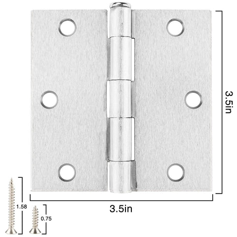 Heavy Duty Brushed Nickel Door Hinges 3.5 Inch Square Corner, detailed view showing dimensions and screws.